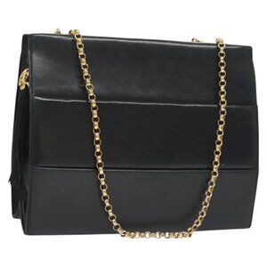 Salvatore Ferragamo Chain Shoulder Bag Leather Navy Gold Auth 131049